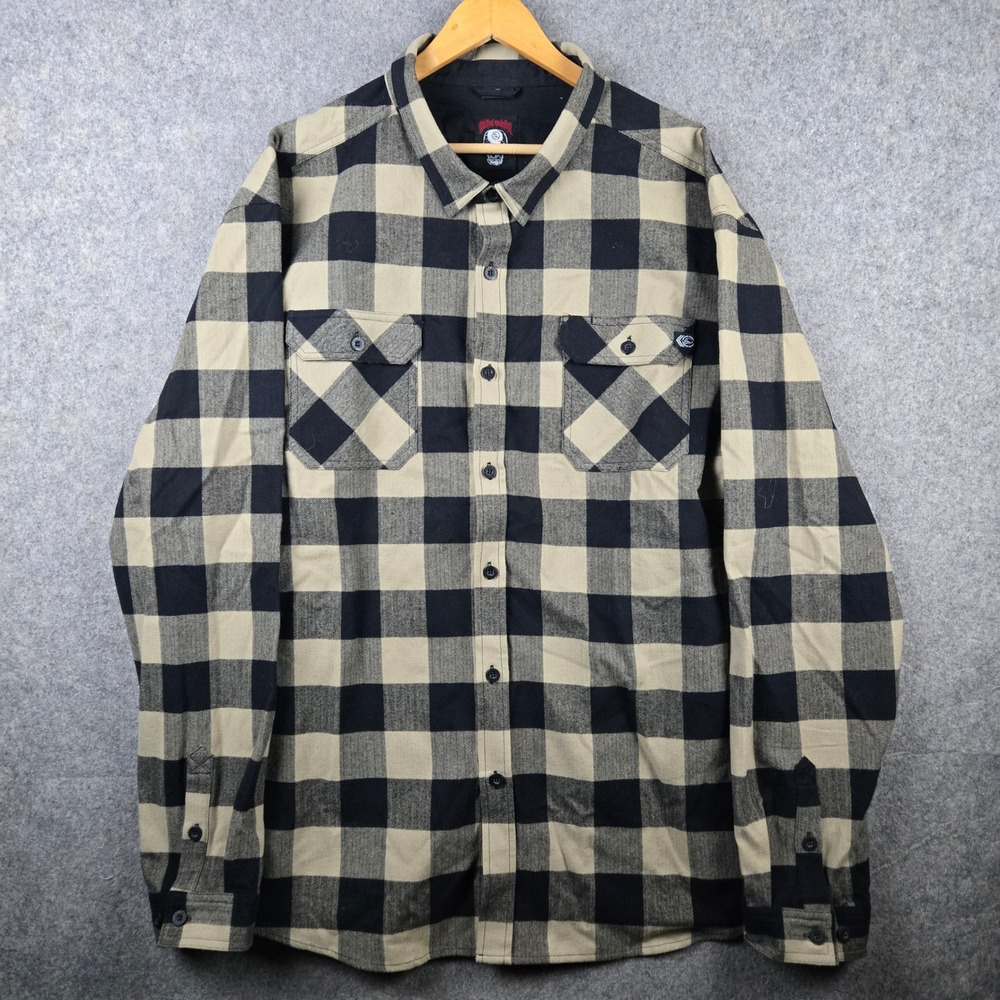 Metal Mulisha Flannel Shirt Mens 4XL Tan Black Plaid Skull Biker Skater Moto Y2K